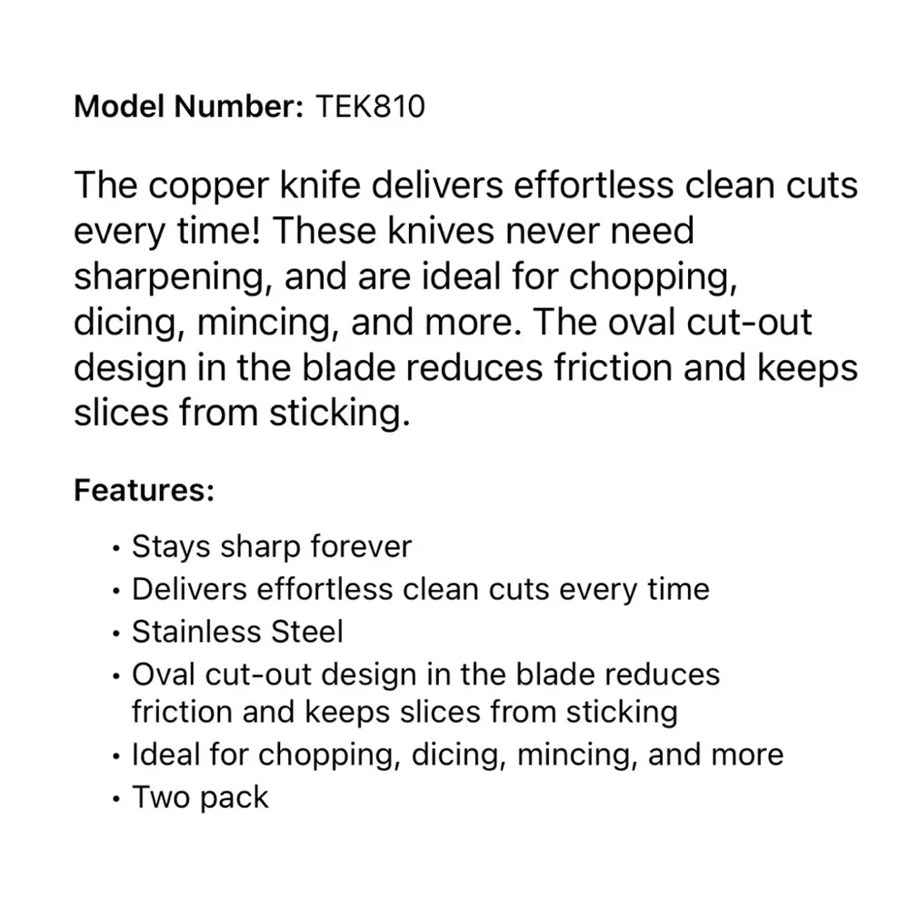 NEW Copper Knife 2 Pack Stainless Steel Copper Coating Stays Sharp Forever 9.75”